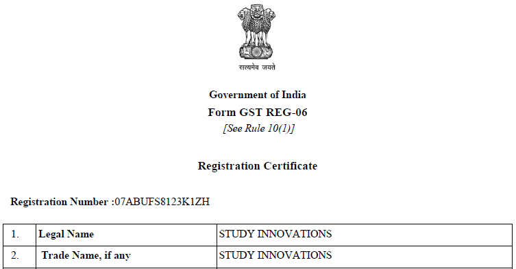 GST Registration No. Study Innovations