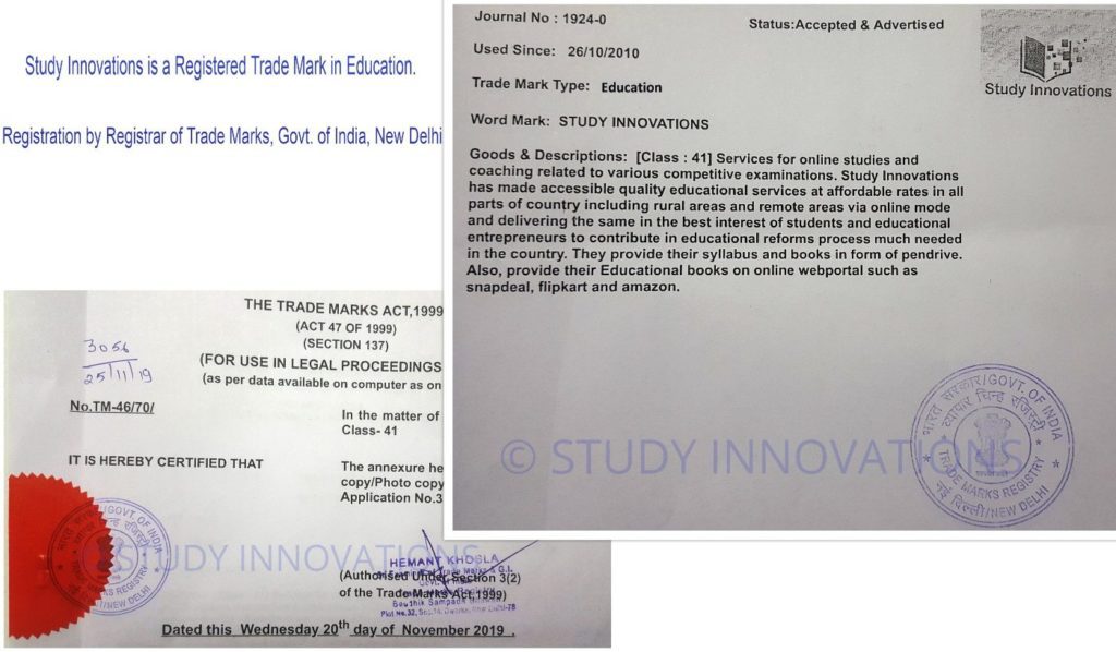 Study Innovations is legally Registered Trade Mark in Education. Registration by Registrar of Trade Marks, Govt. of India, New Delhi